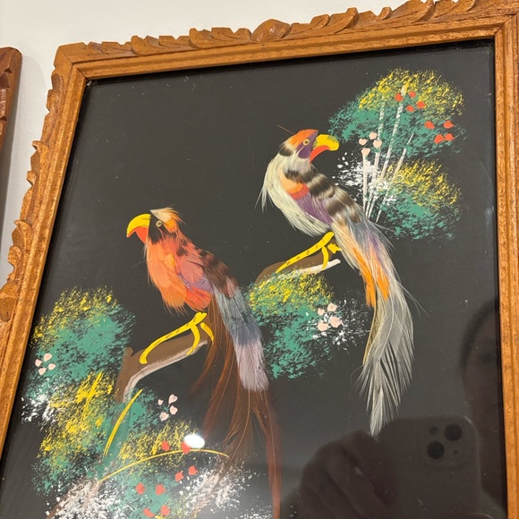Vintage Mexican feather art bird paintings carved wood frames SET OF TWO 12X10 - Picture 11 of 14
